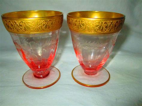 Depression Glass Pink Goblets With Gold Overlay Carol S True Vintage And Antiques