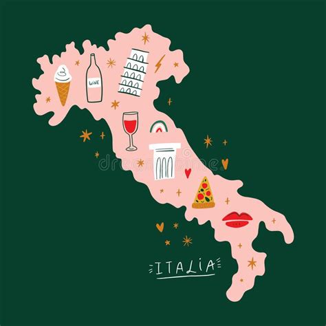 Modern Cartoon Colorful Flat Stylized Italian Map With Icons Symbols