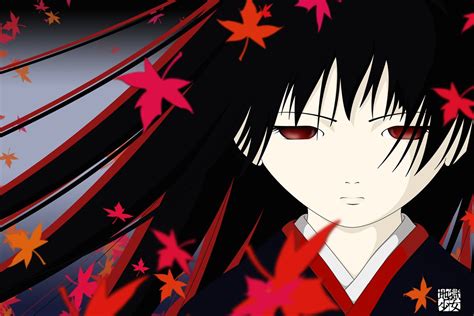 Jigoku Shoujo Anime Girls Black Hair Red Eyes Long Hair Dark Hair Sheet Kimono Hd