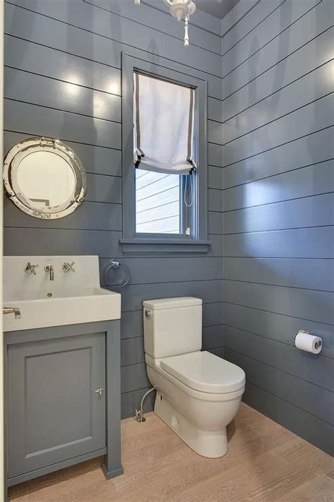 Blue Cottage Powder Room Boasts Blond Oak Wood Floors