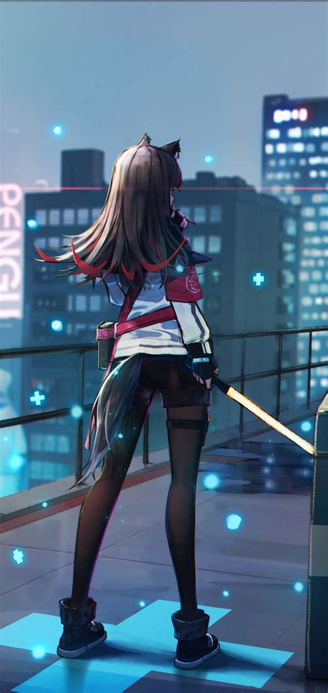 1080x2280 Anime Girl Scifi City Roof With Weapon One Plus 6huawei P20