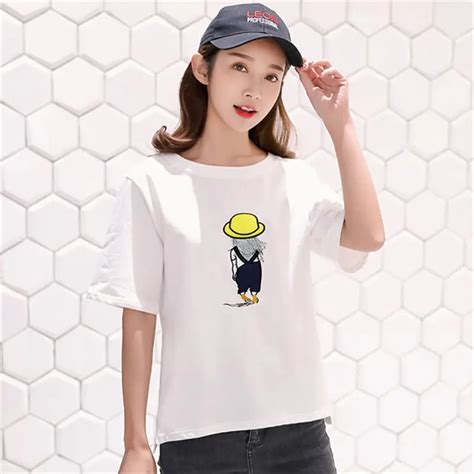 Harajuku Embroidery T Shirt Women 2018 Summer Korean Cotton Fashion Simple Tops Round Neck