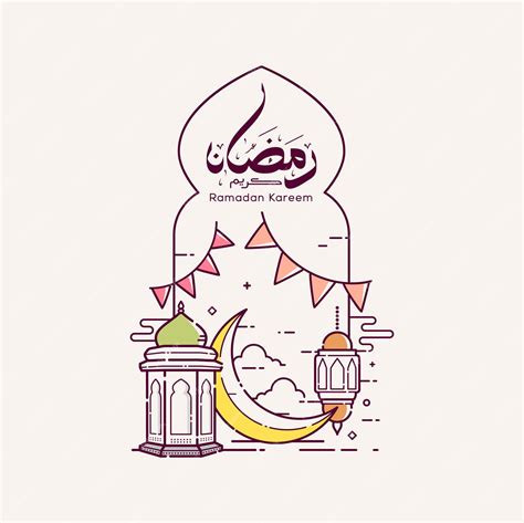 Premium Vector Ramadan Kareem Arabic Calligraphy With Mosque Line Art