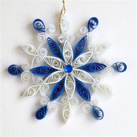 6 Point White And Blue Scroll Quilled Snowflake With Blue Diamante
