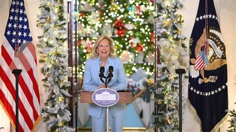 First Lady Jill Biden Welcomes Visitors To The White House Christmas