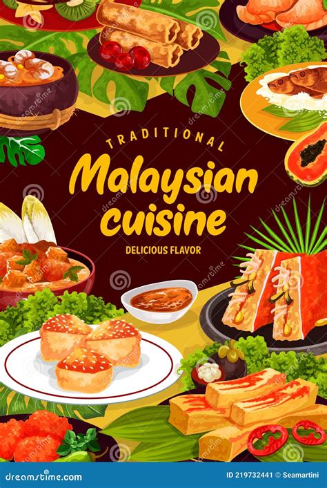 Malaysian Cuisine Poster Rice Vegetable And Meat Stock Vector