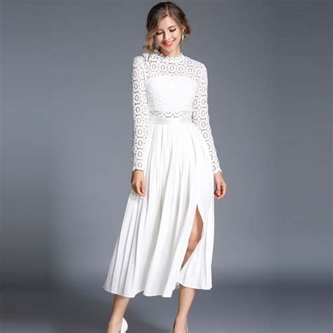 2018 White Long Spring Casual Dress Hollow Out Elegant White Lace Dress