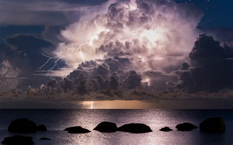 Nature Landscape Lightning Sea Clouds Storm Night
