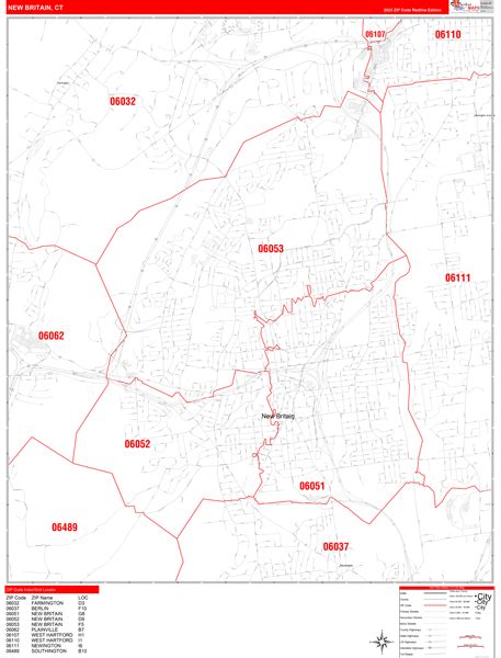New Britain Connecticut Zip Code Wall Map Red Line Style By