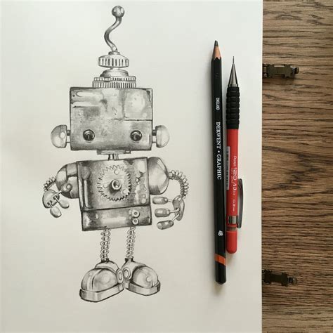 Cute Robot Graphite Pencil Drawing Robots Drawing Robot Art Pencil