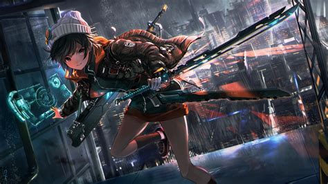 Wallpaper Raining Jump Sci Fi Beanie Cityscape Futuristic Anime