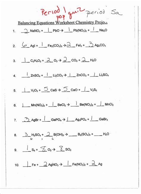 Write a balanced equation for the reaction between solid silicon dioxide 2 fe(s) + 6 hcl(aq) → 2 fecl3(aq) + 3 h2(g) 5. 49 Balancing Equations Practice Worksheet Answers ...