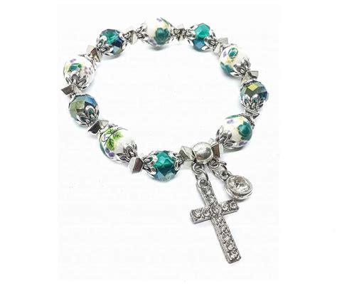 Religious Cross Bracelet Christian Classic Beaded Bangle Green Crystals