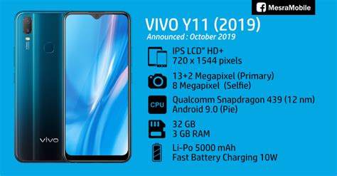 Vivo y11 comes with 6.35 hd+ display, snapdragon 439 processor, 3 gb ram, 32 gb internal, 13+2 mp rear camera, 8 mp selfie camera, 5000 mah battery. vivo Y11 (2019) Price In Malaysia RM599 - MesraMobile