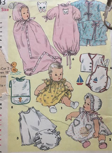 Vintage 1950s Sewing Pattern Simplicity 1443 Baby Layette Missing Bib