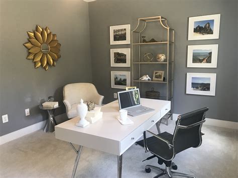 Model Home Featuring A Feminine Home Office In Grey And White Tones