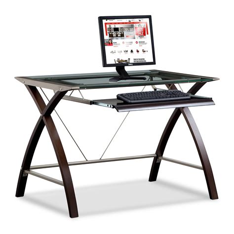 The large table top work surface, together with two additional second shelves, will provide you additional organization and storage space. Orion Computer Desk with Keyboard Tray - Merlot and Champagne | American Signature Furniture