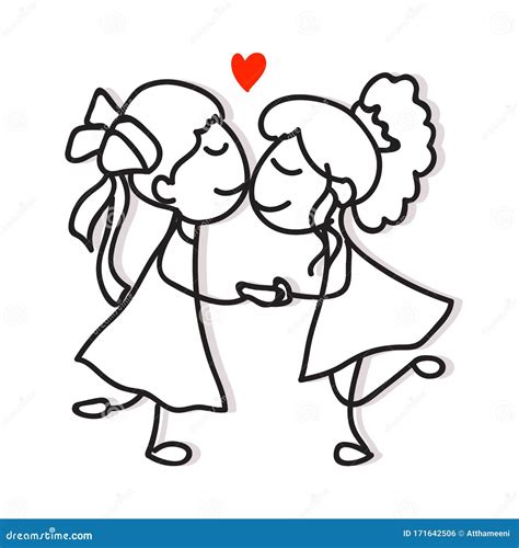 Same Sex Couple Lgbt Love Two Women Kiss And Holding Hand Hand Drawing Cartoon Character Pride