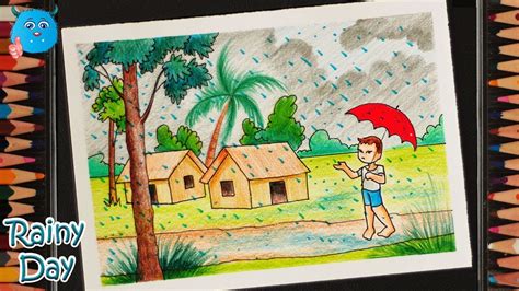 How To Draw Happy Rainy Day Village Scene For Kids Simple Painting Of
