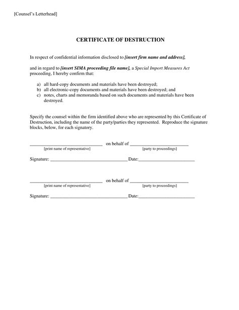 Free Printable Certificate Of Destruction Templates Excel Pdf Word