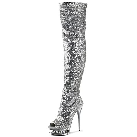 Fabulous Thigh High Silver Sequin Boots With Silver Chrome Base And 6