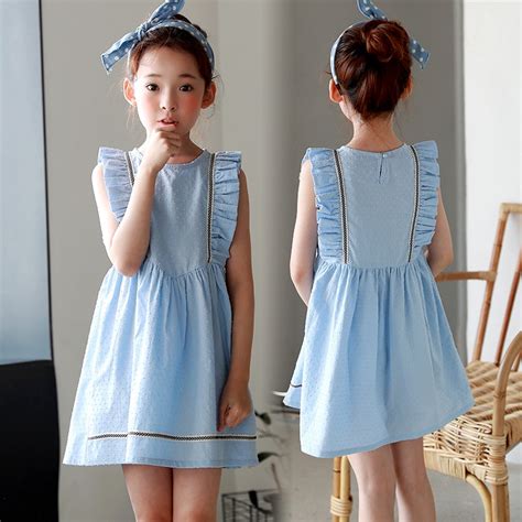 Cotton Sleeveless Summer Dress Girl Teenage 2018 Beach Blue Little