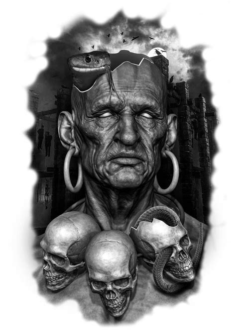 A Drawing Of A Man With Two Skulls On His Chest And One Skull In The
