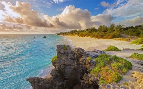 Nature Landscape Beach Bermuda Island Sea Sand Clouds Shrubs