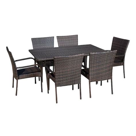 Noble House Delani Multi Brown 7 Piece Faux Rattan Outdoor Dining Set