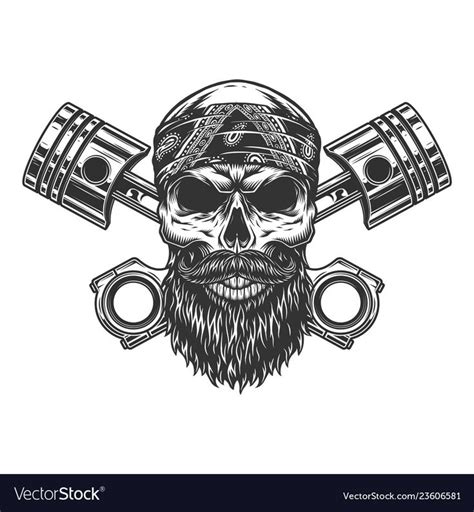 Bearded And Mustached Biker Skull In Bandana With Crossed Engine