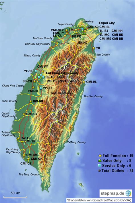 Taiwan liegt etwa 160 kilometer von der südostküste des chinesischen festlandes entfernt im pazifischen ozean. Taiwan 2 von MBuck - Landkarte für Taiwan
