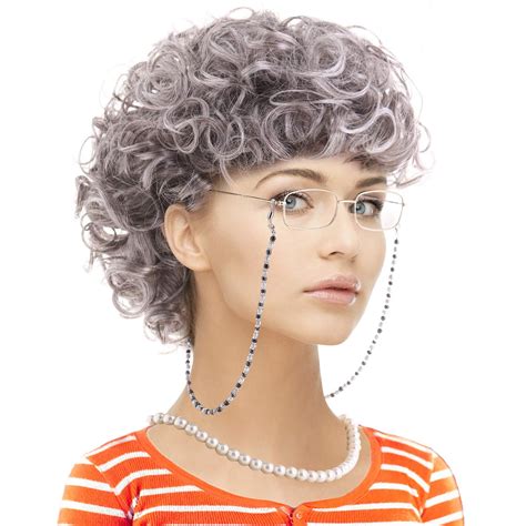 old lady costume set grandmother wig wig caps madea granny glasses eyeglass retainer chain