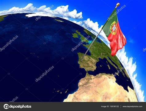 Portugal's main attractions for travelers are its hilly capital lisbon; Portugal national flag marking the country location on world map. 3D rendering, parts of this ...