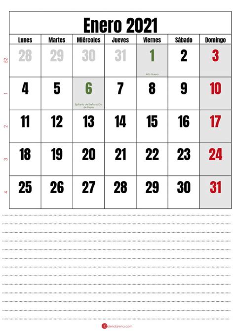Calendario Enero 2021 Con Notas