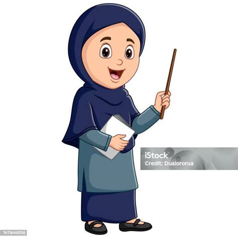 Muslimische Lehrerin Mit Hijab Die Ein Buch Hält Und Zeigt Stock Vektor