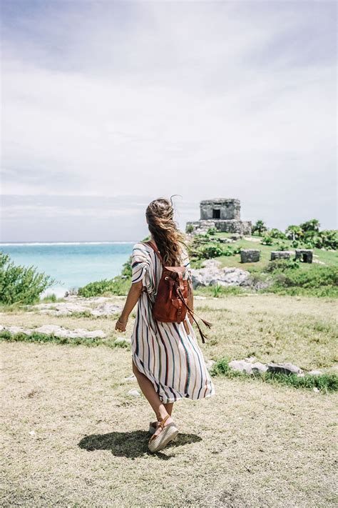 Stripped Dress Leather Backpack Suede Espadrilles Mayan Ruins Hotel