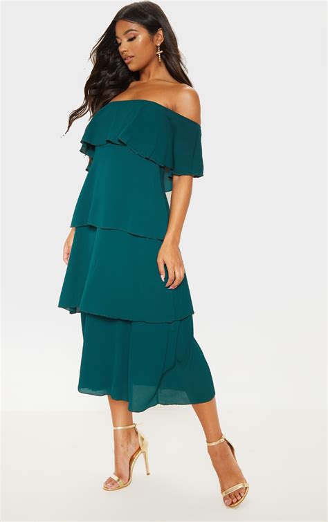 Emerald Green Tiered Frill Detail Midi Dress Prettylittlething Ire