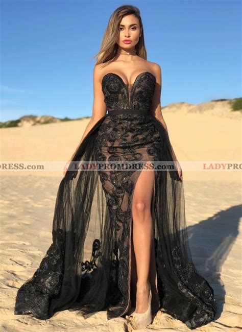 2022 Sheath Sweetheart Side Slit Tulle Lace Long Black Prom Dress