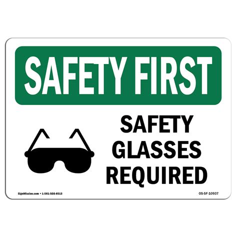 Osha Safety First Sign Safety Glasses Required With Symbol Made In