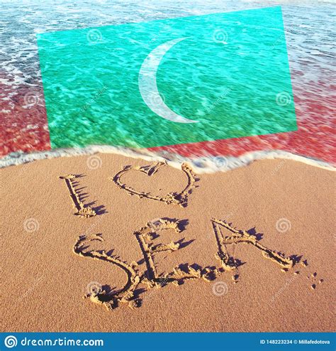 Beach Sand Sea And Flag Maldives I Love Maldives Concept Stock Photo