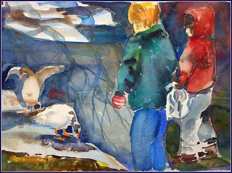 Feeding The Ducks By Mindy Newman Painting Watercolor Artwork