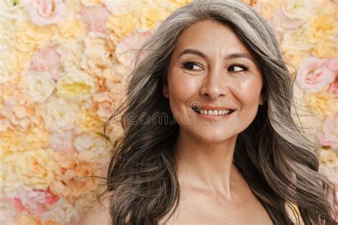 Smiling Mature Topless Woman Standing Posing Stock Image Image Of Portrait Gray 229122397
