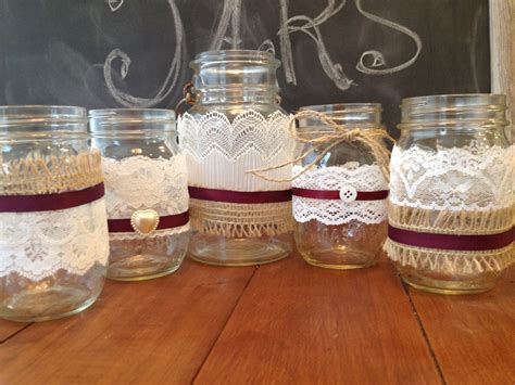 Mason Jars Decorated With White Lace Burlap Eggplant Ribbon Glass
