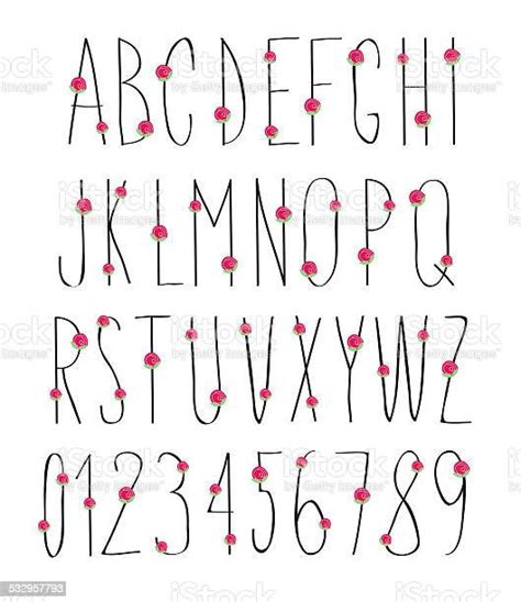 Handwritten Font Hand Drawn Sketch Alphabet And Numbers With Flowers