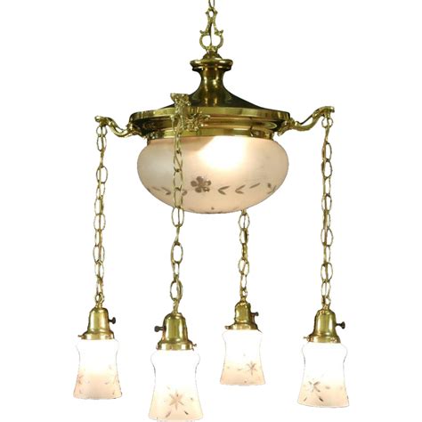 Possibly by orrefors, this antique, scandinavian ceiling light fixture has a blown and hammered edge glass bowl, suspended from blown glass, art deco style rods inspired by cascading fountains. Brass 1910 Antique Ceiling Light Fixture, 5 Cut Glass ...