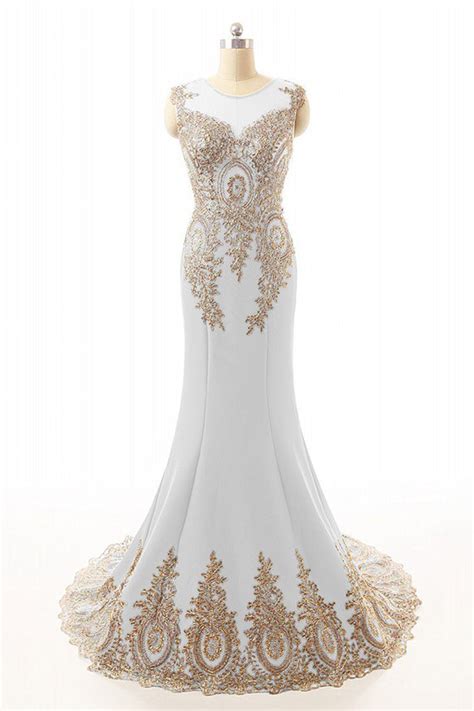 Scoop Appliques Lace Gold And White Mermaid Chiffon Long Prom Dress