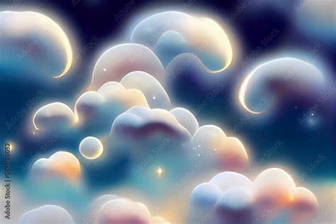 Illustration Of A Dreamy Fantasy Blue Night Sky With Stars And Clouds