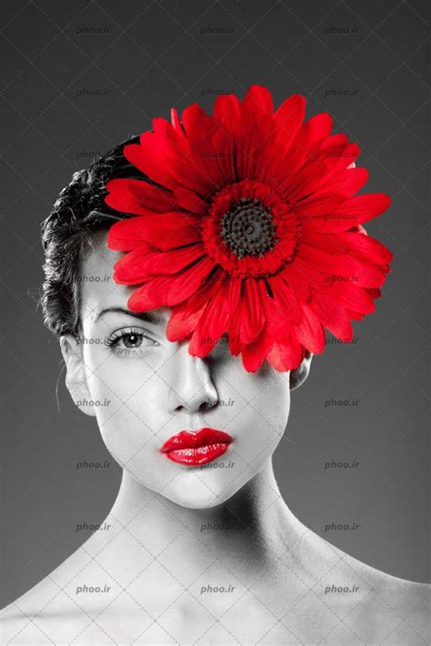 عکس مدل زن با لب ها و گل قرمز با تم خاکستری عکس با کیفیت و تصاویر استوک حرفه ای
