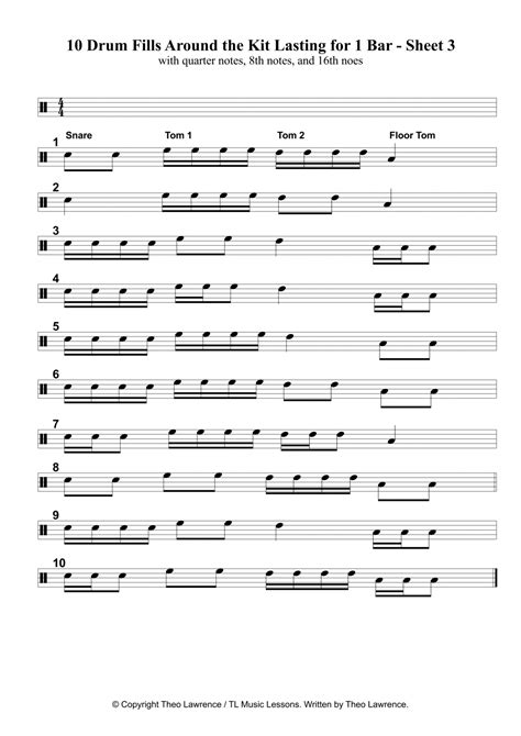 Sheet 3 10 Easy Drum Fills Lasting 1 Bar Around The Kit 8ths And