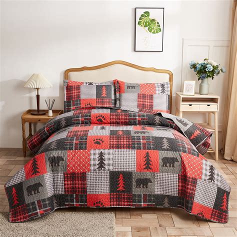 Jessy Home Queenfull Bear Bedspread Red Rustic Patchwork Quilt